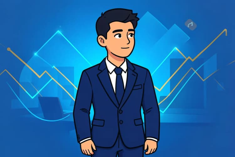Advogado de terno escuro em um escritório moderno, com gráficos abstratos de crescimento financeiro em tons de azul e dourado ao fundo.