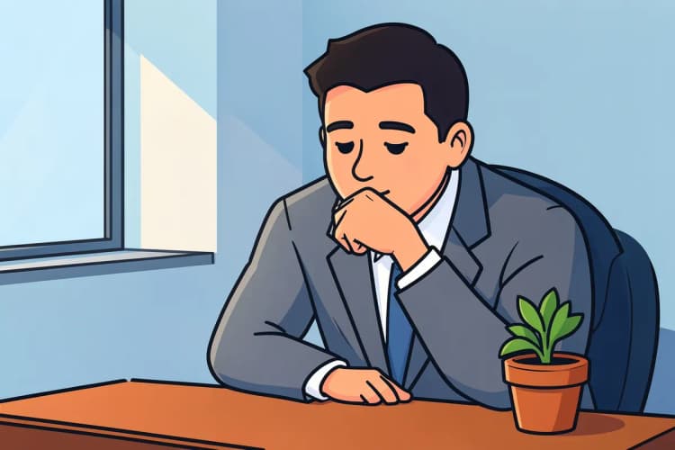 Advogado pensativo em seu escritório, com uma planta crescendo em um vaso ao lado de sua mesa.