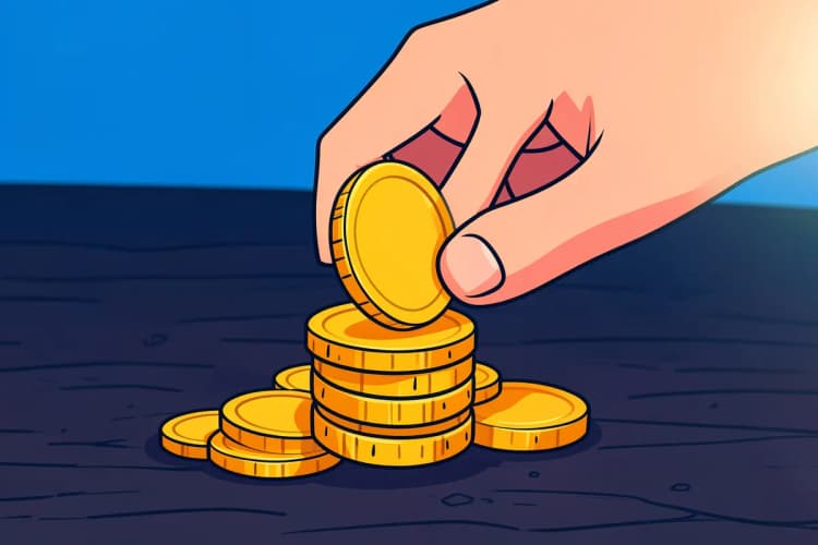 Uma mão colocando moedas de ouro em uma pilha crescente sobre uma mesa de madeira escura.