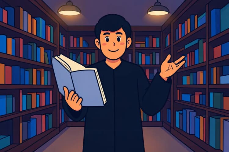 Advogado em toga, com um livro de leis aberto em uma mão e a outra erguida em sinal de questionamento.