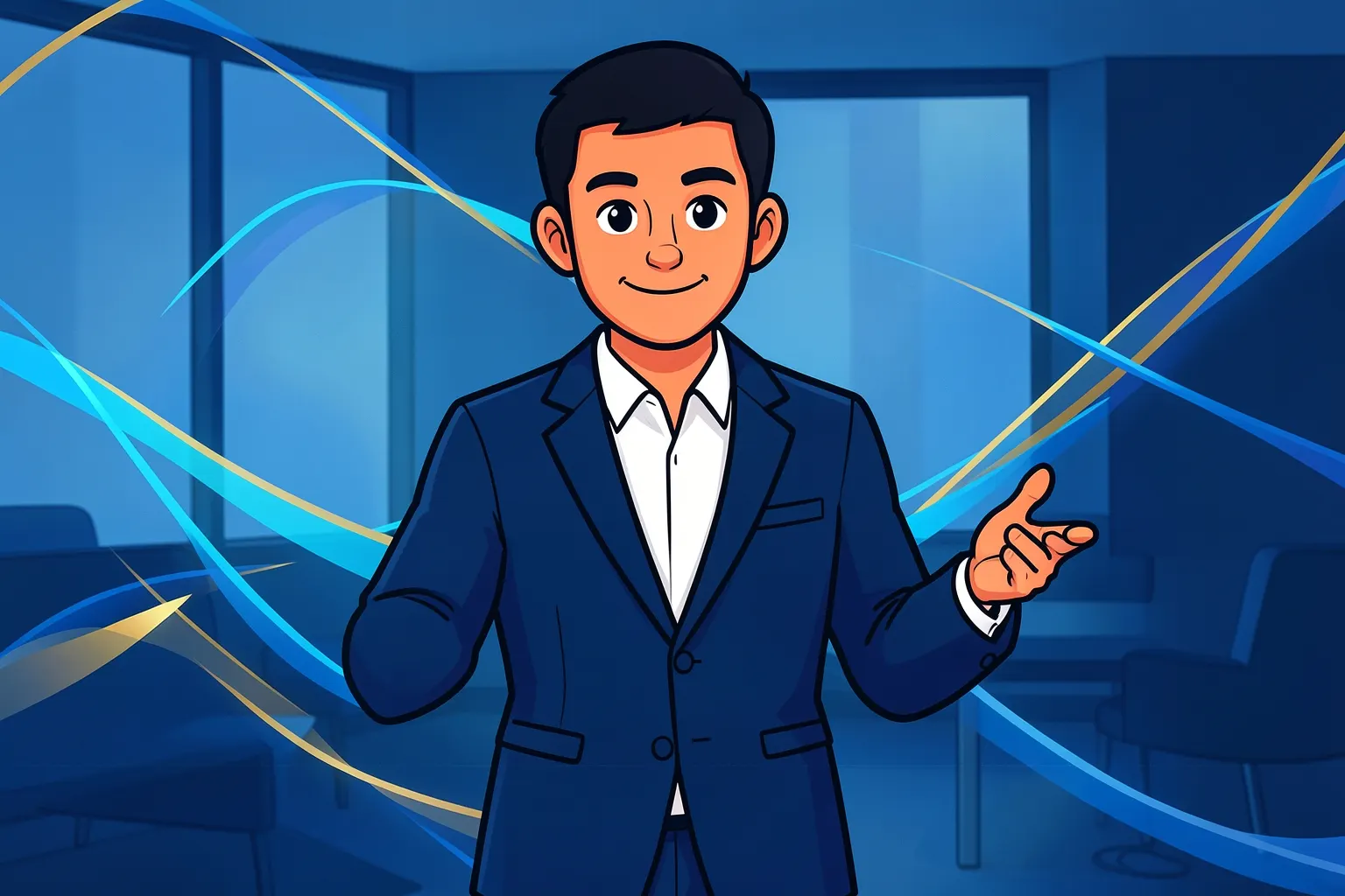 Advogado sorrindo e gesticulando em frente a um fundo de escritório moderno com elementos gráficos abstratos de crescimento financeiro em tons de azul e dourado.