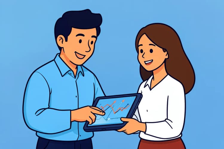 Corretor de imóveis explicando um gráfico de vendas em um tablet para um cliente interessado em um apartamento.