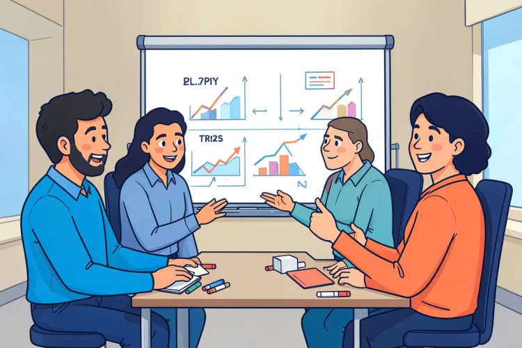 Equipe de marketing analisando gráficos de desempenho em um quadro branco em uma sala de reunião moderna.