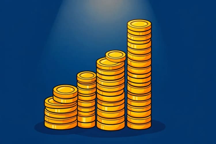 Gráfico de barras ascendente com moedas de ouro caindo ao redor, sobre um fundo azul escuro.