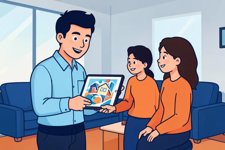 Um corretor de imóveis apresentando um imóvel em um tablet para um casal interessado em uma sala de estar moderna.