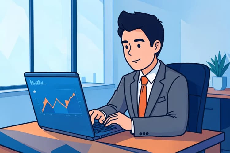 Um corretor de imóveis analisando métricas de campanha em um notebook em um escritório moderno.