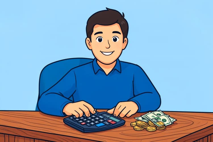 Um corretor de imóveis calculando custos em uma calculadora com notas de dinheiro e moedas ao lado.