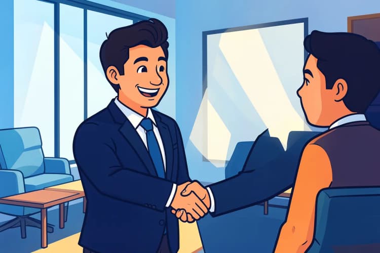 Um corretor de imóveis comemorando o sucesso de uma campanha com um aperto de mão e um sorriso.