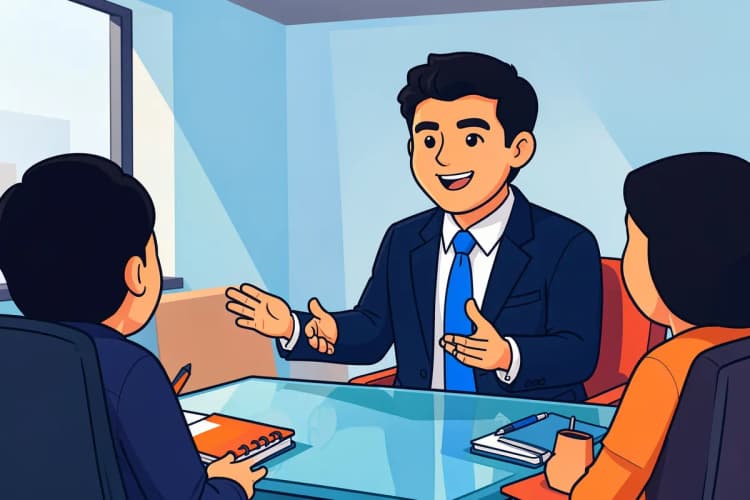 Um corretor de imóveis experiente em uma reunião com clientes, explicando estratégias de marketing digital.