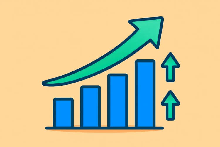 O que é tráfego pago? Imagem de um gráfico de barras subindo com setas indicando crescimento financeiro.