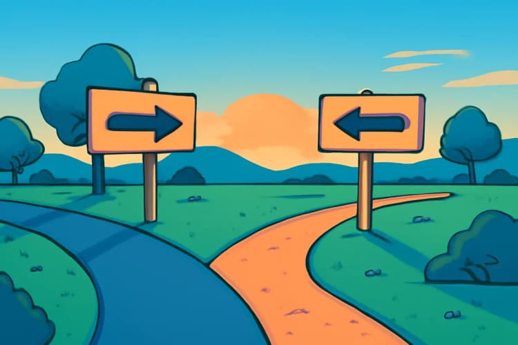Diferença entre tráfego pago e orgânico. Imagem comparando dois caminhos, um com placas de "Pago" e outro com "Orgânico".